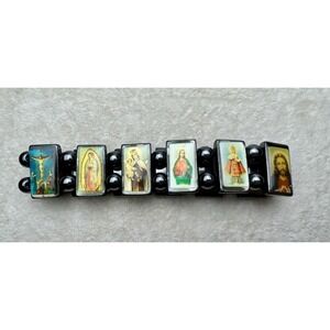 VTG Religious Icon Panel Stretch Bracelet Black Hematite Stone Gothic 7.5" Boho